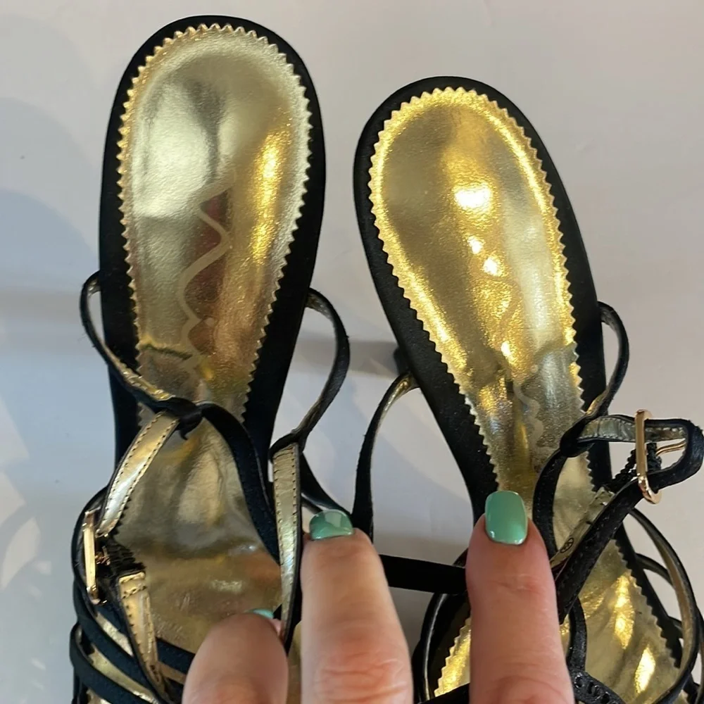 NINA satin Black heel Sandals / strappy  /  black rhinestones accents size 9M
